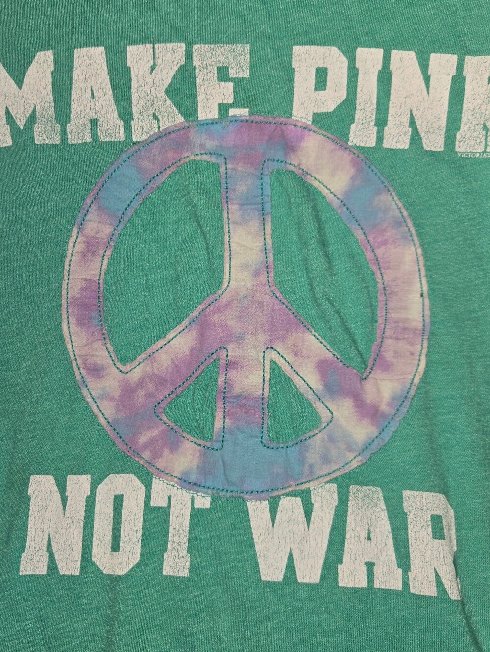 PINK Victoria's Secret  'Make Pink Not War' Teal Graphic Tee Sz M - Picture 4 of 5